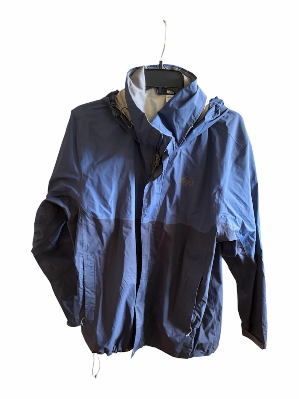 Rei Co-Op Men's Two-Tone Blue Waterproof Hooded Jacket - Outdoor Shell